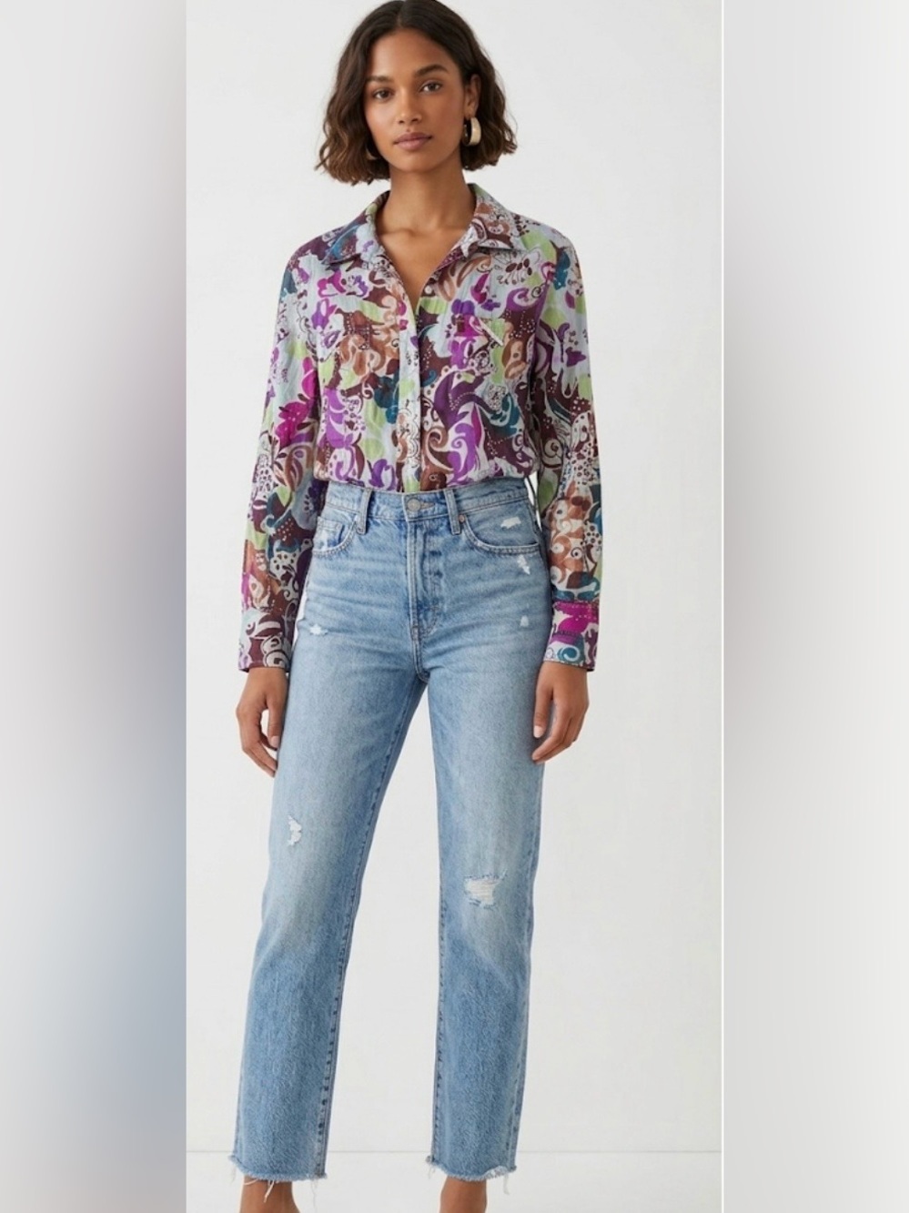 I.E. Relaxed Colorful Patchwork Style Floral Blouse L - 100% Cotton